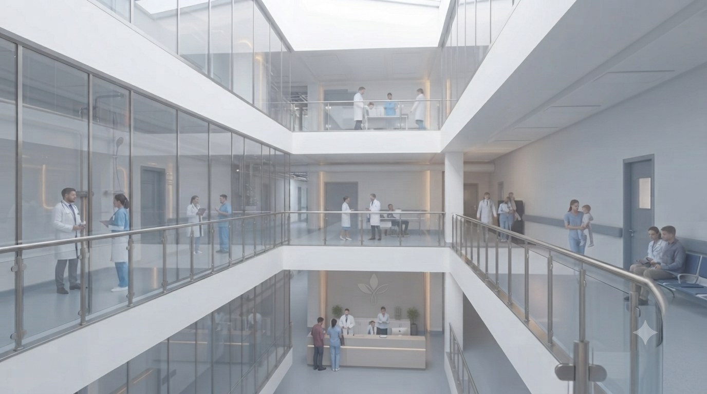 Modern hospital atrium — a healthcare environment where ALMIC heat pumps supply hot water