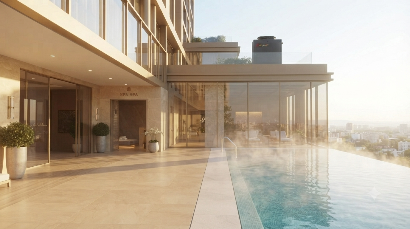 Premium hotel rooftop swimming pool and spa heated by an ALMIC heat pump