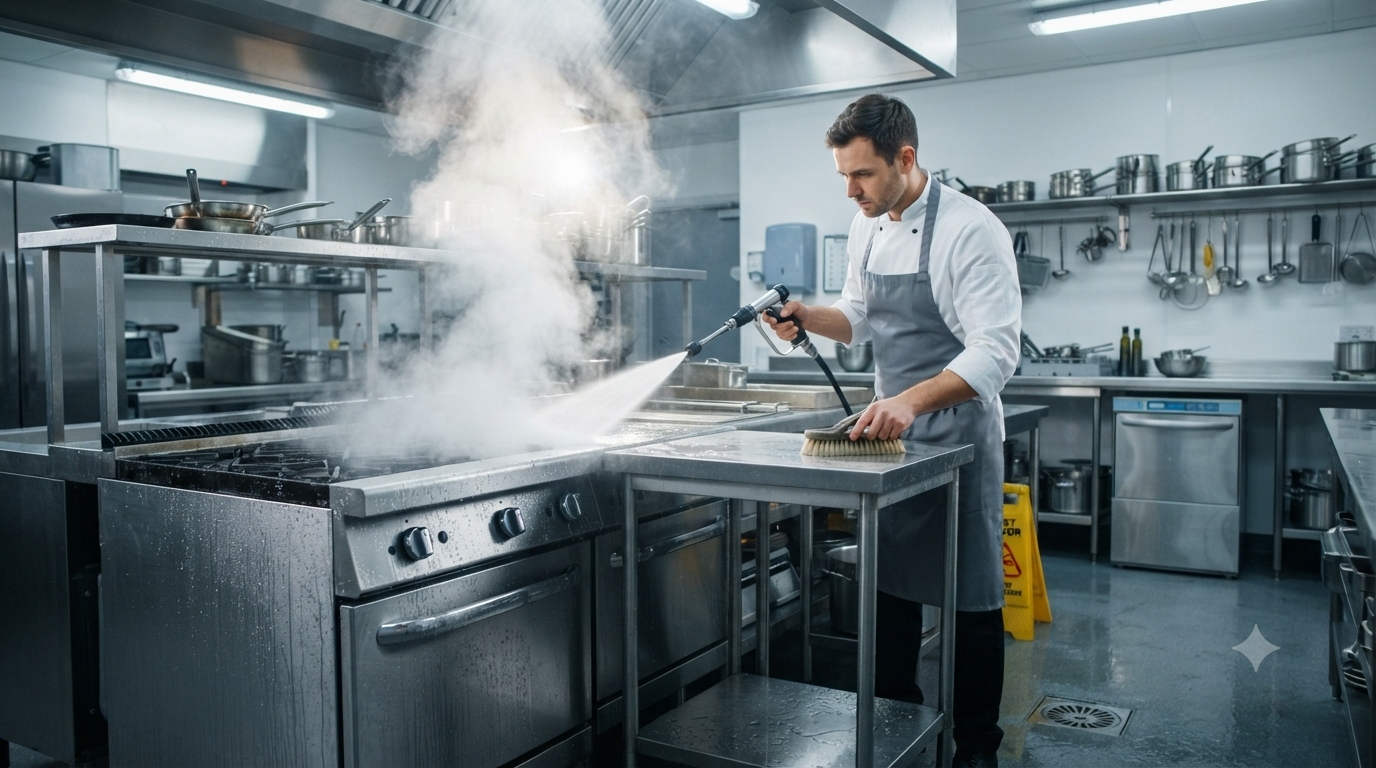 Commercial kitchen being cleaned — a food-service environment where ALMIC heat pumps supply hot water