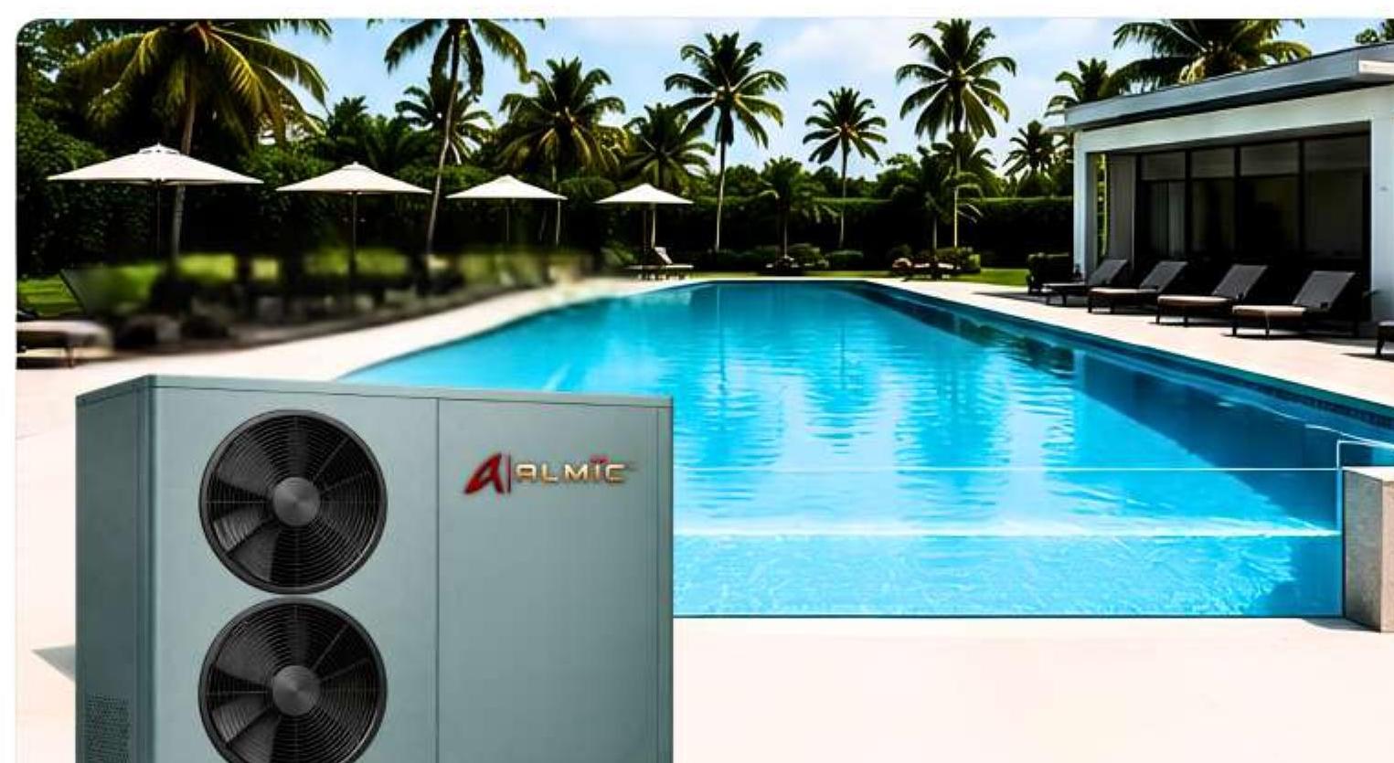 Complete ALMIC catalogue photograph: customized pool heating heat pump installed beside a resort swimming pool